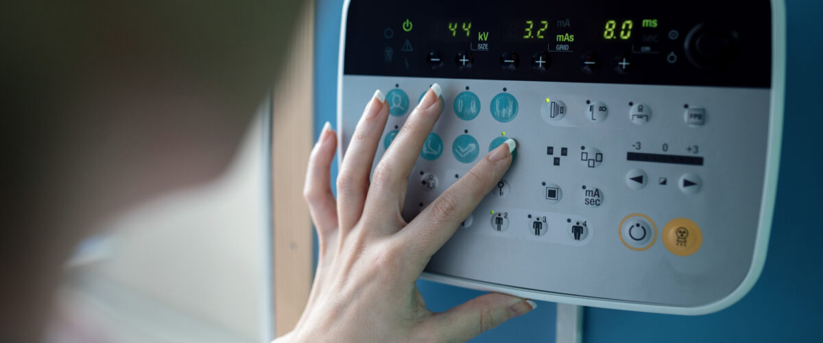 Close up of doctor parameters on digital display of X-ray machine. membrane switch